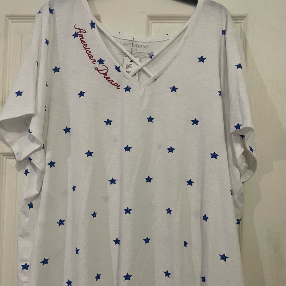 Lane Bryant White Top with Blue Stars and Red Text